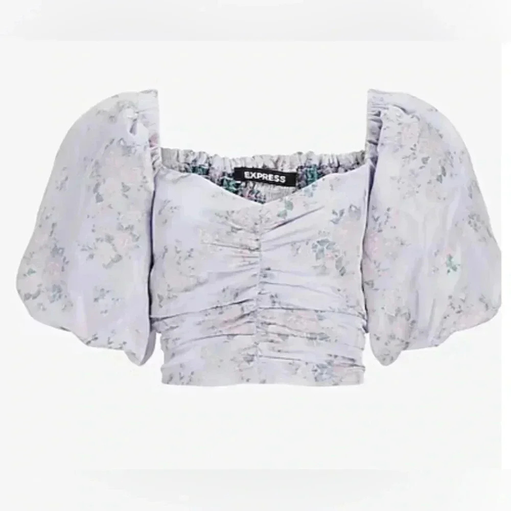 Express Floral Puff Sleeve Cropped Top